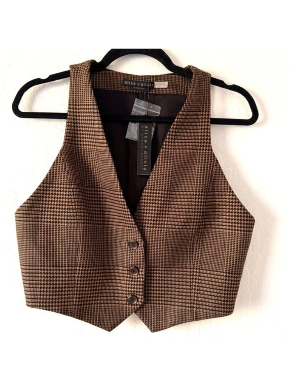 Alice + Olivia Donna Cropped Houndstooth Vest in Brown and Black size 10 - Picture 2 of 13